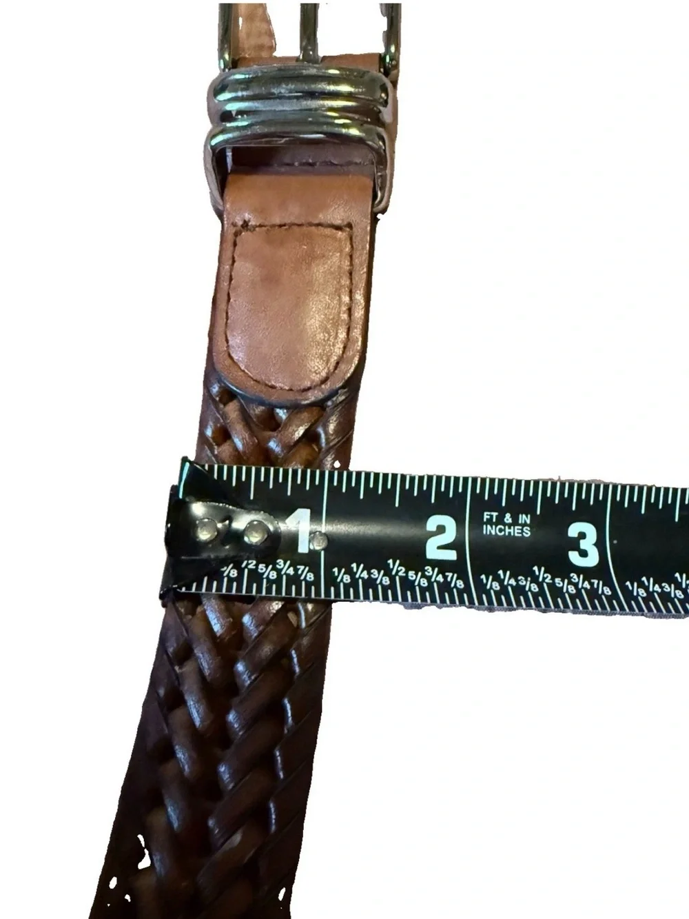 Perry Ellis Brown Braided Men 40 Belt Silver Chrome Tone Buckle
